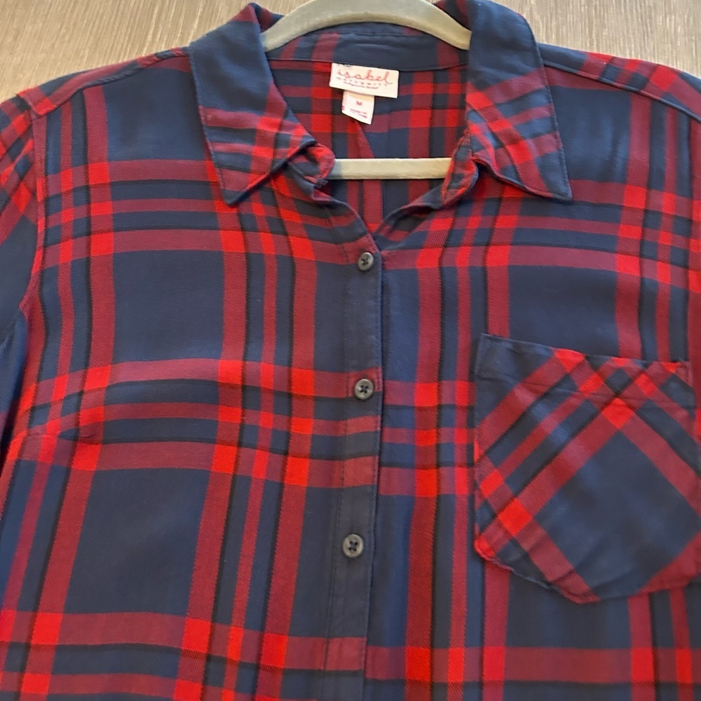 Isabel Maternity Women's Long Sleeve Button Down Shirt Plaid Sz Med Red & Blue - Picture 3 of 11